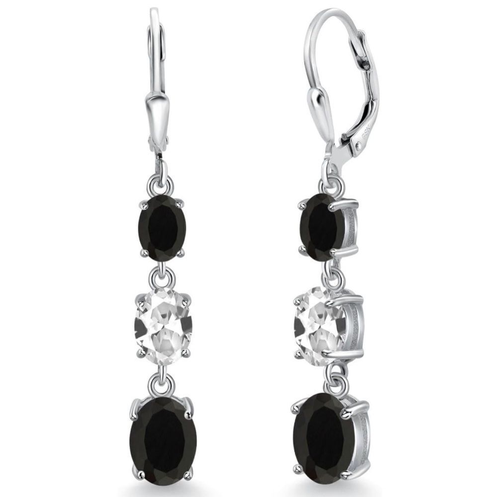 925 Sterling Silver with 6.00Cttw 3 Stone Black Onyx and White Sapphire Earrings